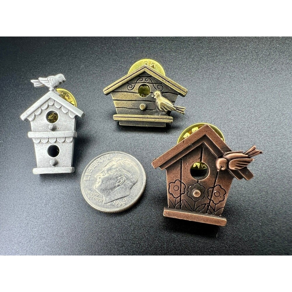 Vintage JJ Jonette Birdhouse Lapel Pin Set (3) - Silver, Antique Gold & Copper